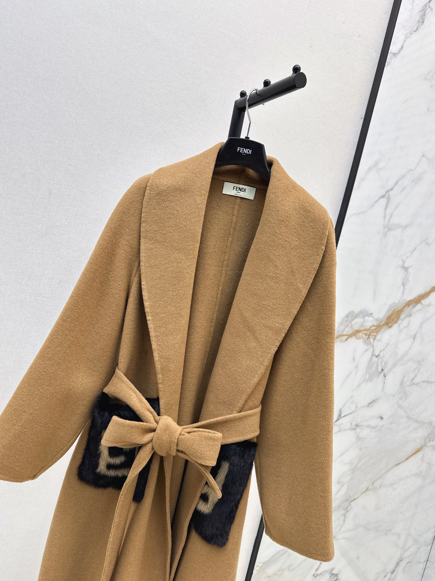 Fen*di Camel Tie-Waist Wool Coat