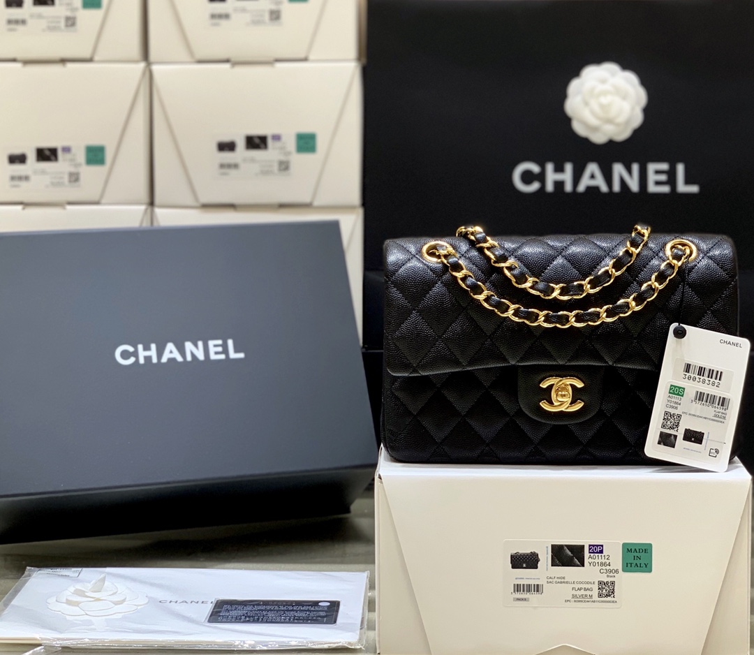 Ch@nel Flap Bag-（Black Inside）Caviar-23CM