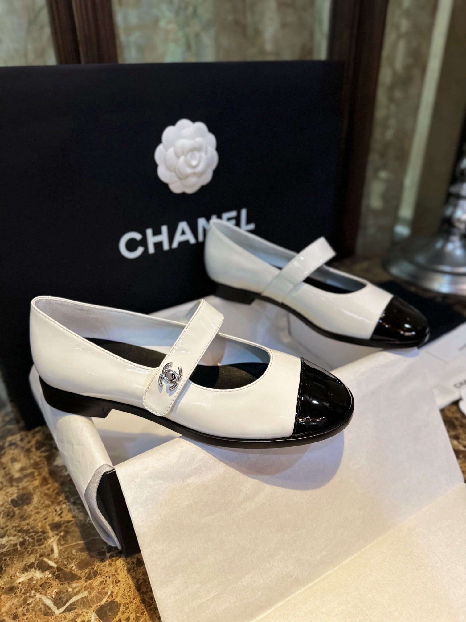Chan*el Patent Calfskin Mary Janes Flats