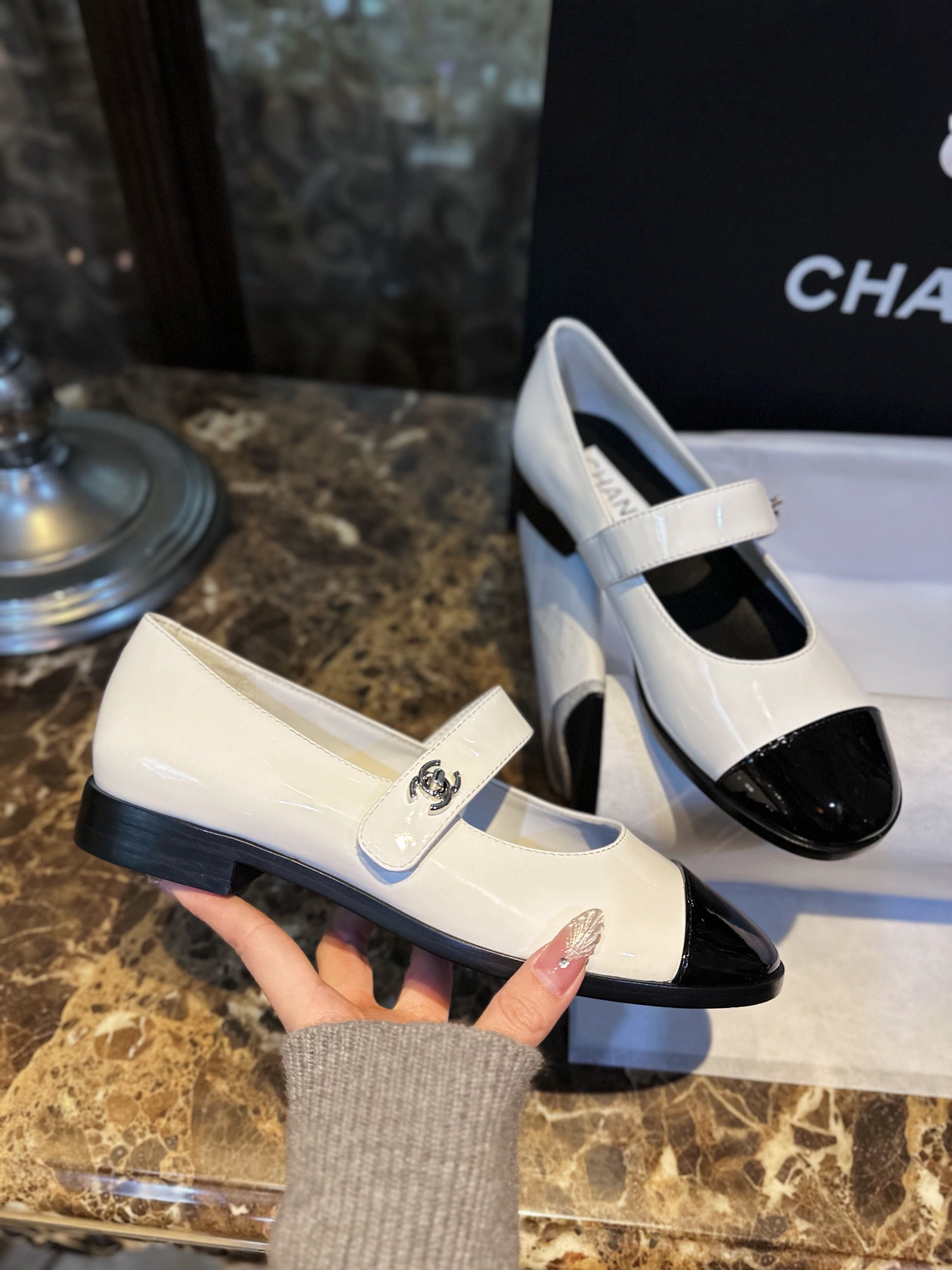 Chan*el Patent Calfskin Mary Janes Flats