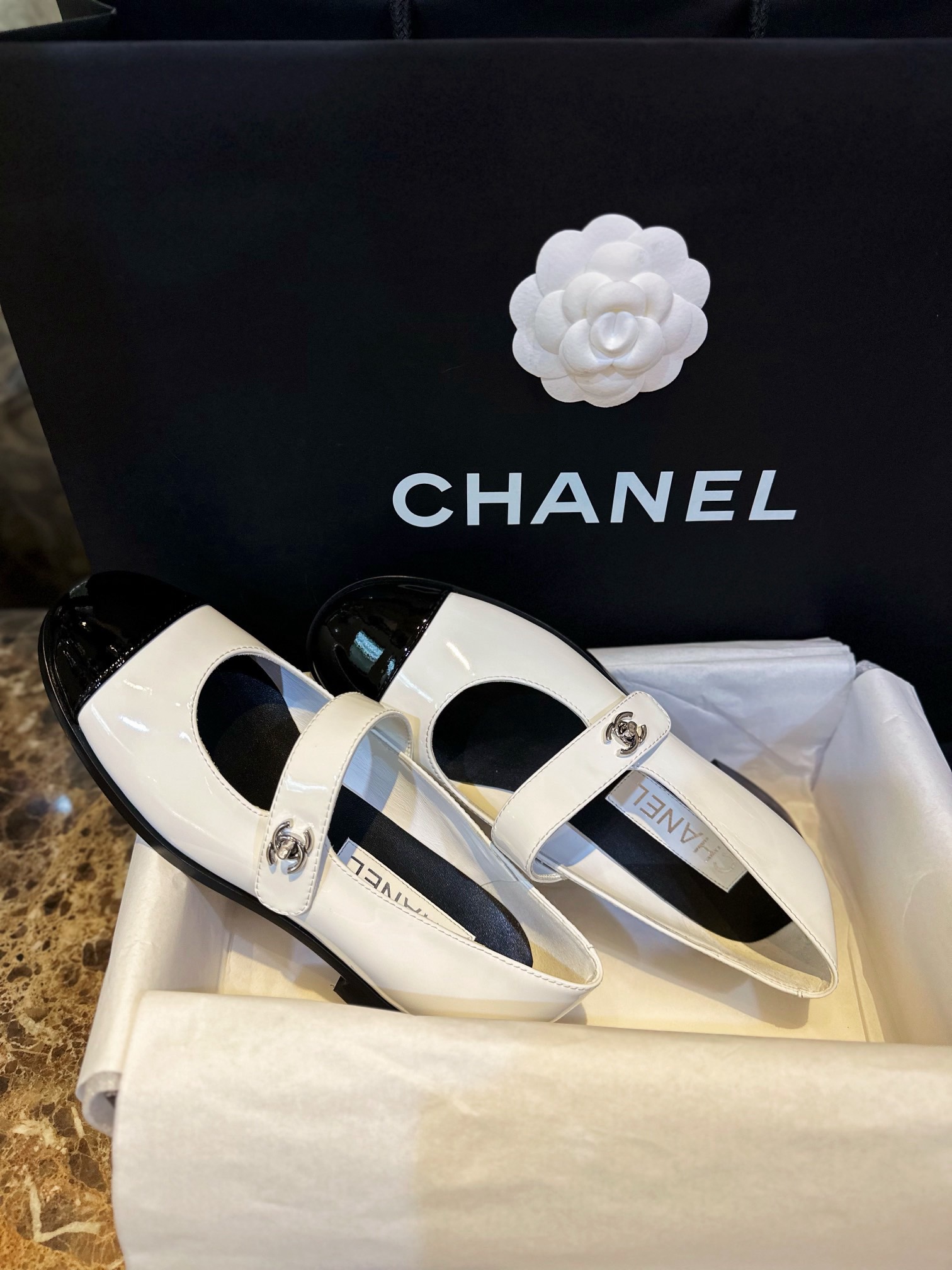 Chan*el Patent Calfskin Mary Janes Flats