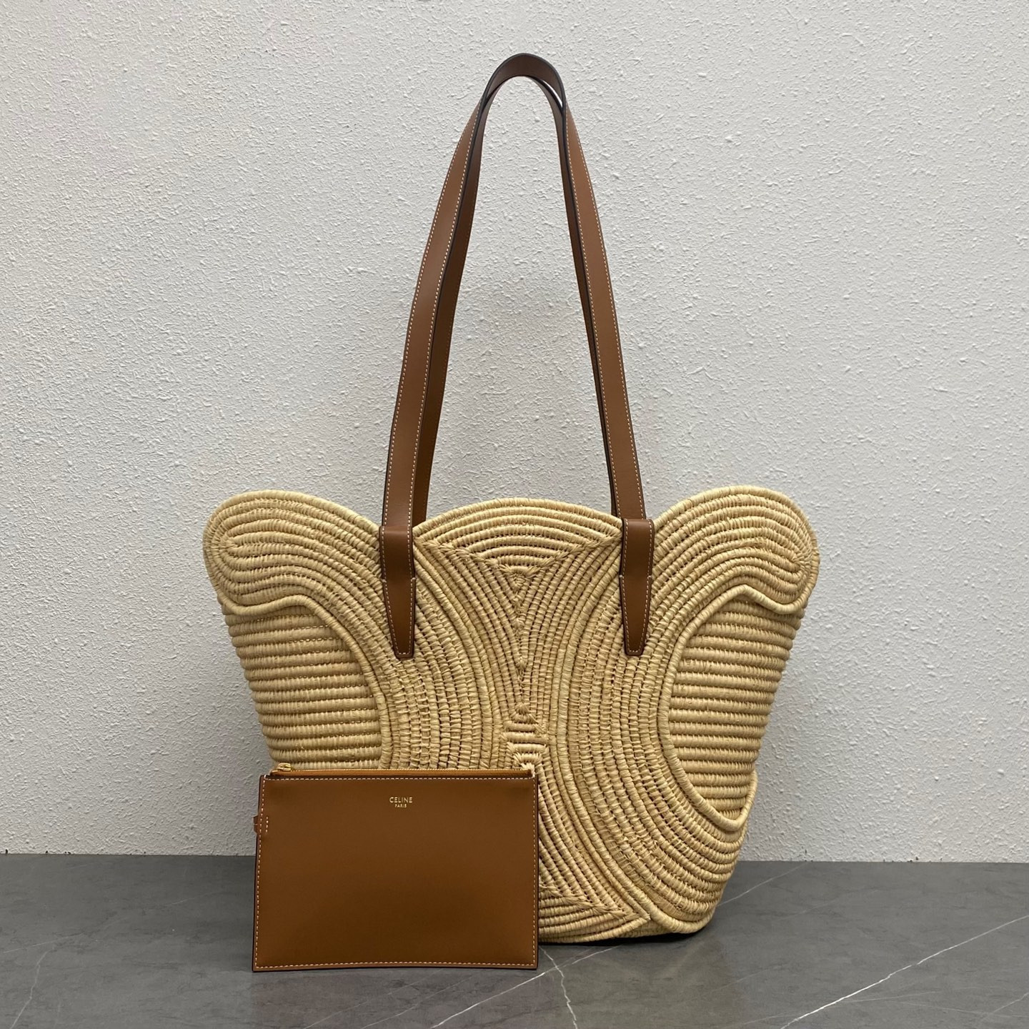 Celin* Classic Panier Small Braided Triomphe in Raffia and Calfskin-42*21.5*12CM