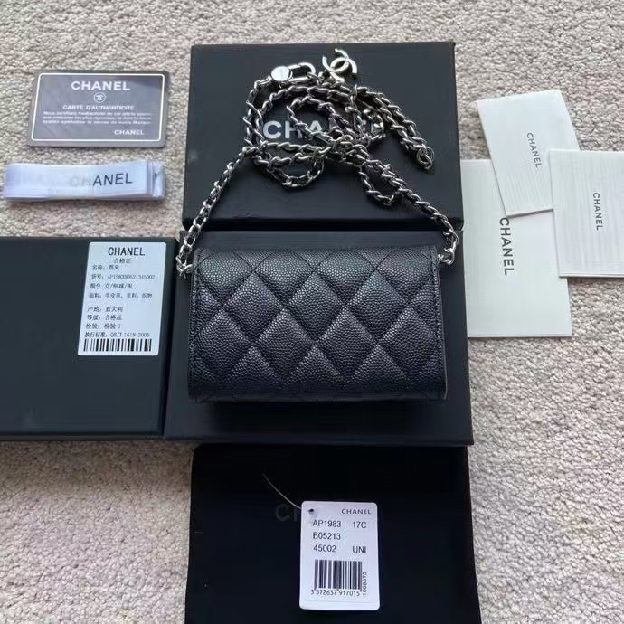 Ch@nel Black Quilted Caviar Leather Card Holder On Chain-11*7CM