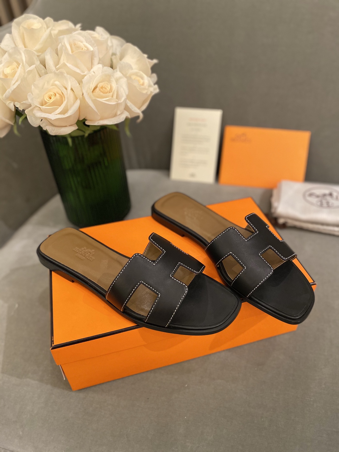 H**mes slippers in smooth leather