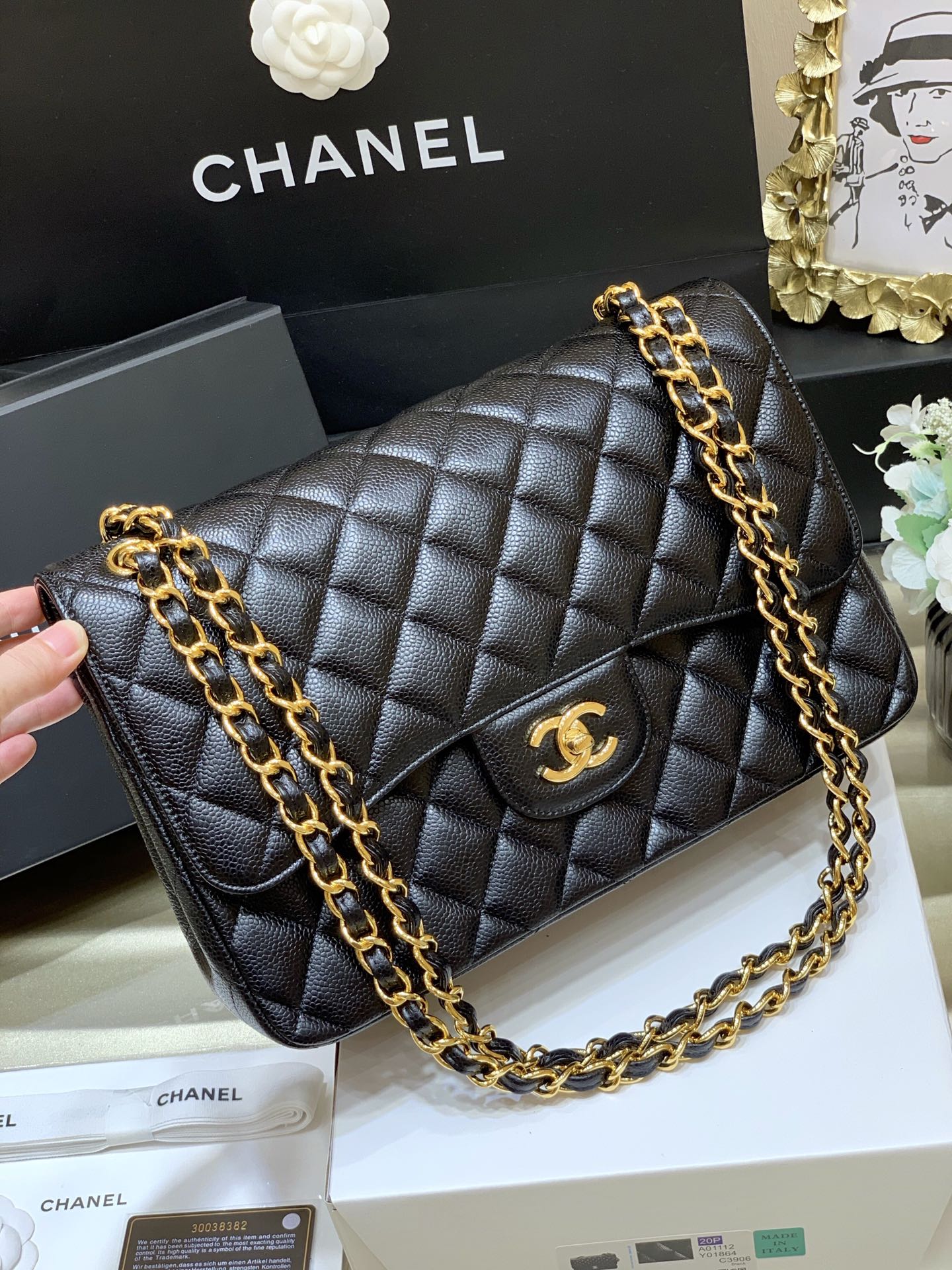 Ch@nel Flap Bag-Cavir Leather-Gold-30CM