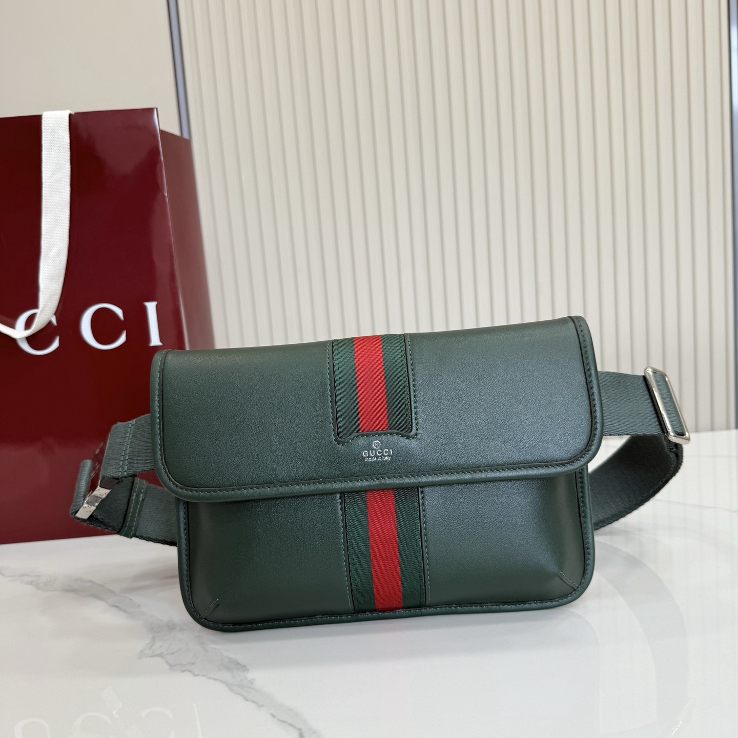 Gv*c*Web Trademark Small Belt Bag In Dark Green Leather -24*17*3.5CM