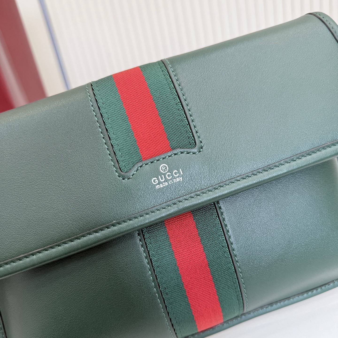 Gv*c*Web Trademark Small Belt Bag In Dark Green Leather -24*17*3.5CM