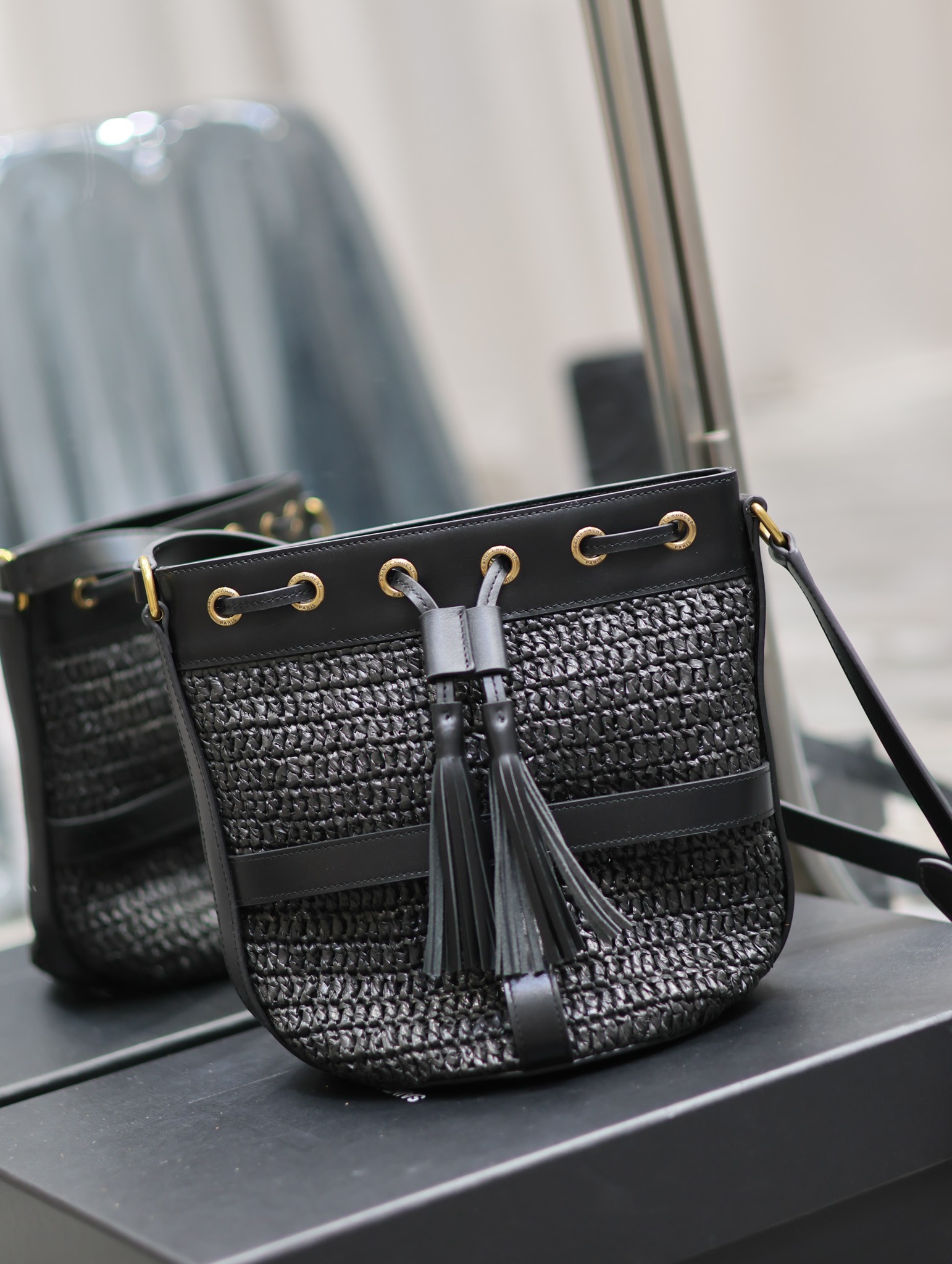 Y*L raffia straw craft bucket bag-22×15×15cm