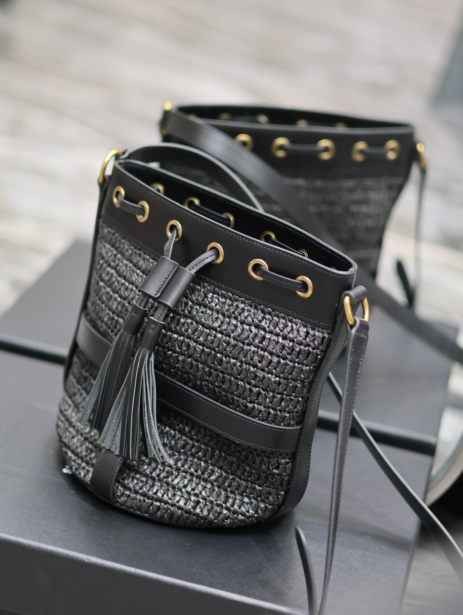 Y*L raffia straw craft bucket bag-22×15×15cm