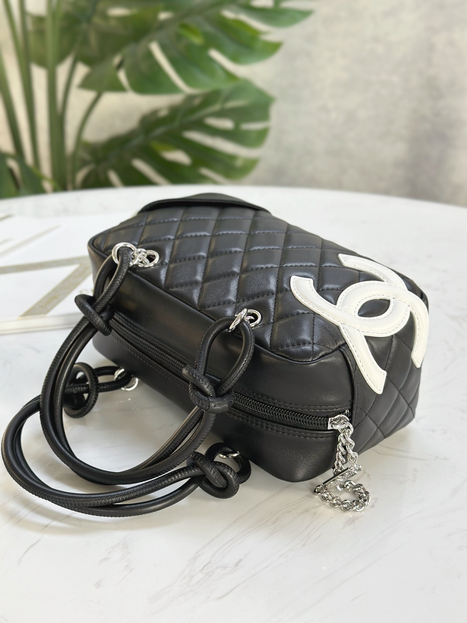 Ch@nel Calfskin Quilted Small Cambon Bowler Black White-19.5*10.5*9CM