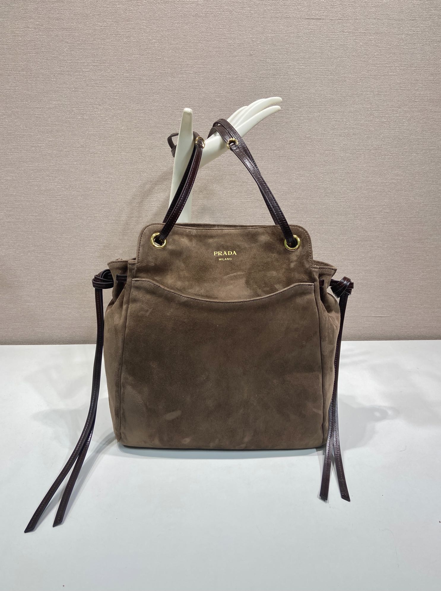 Pra*a Cocoa Brown Pra*a Carry Medium Suede Tote Bag-1BG641-28*32*14CM