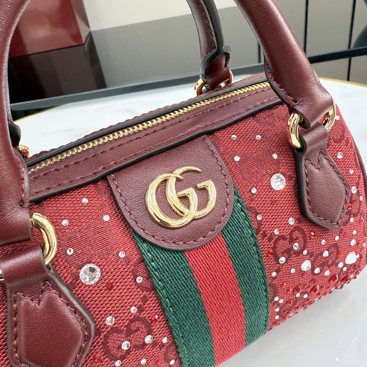 Gv*c* Ophidia Crystals Small Boston Bag In Rosso Ancora Red GG -16.5*10*9CM