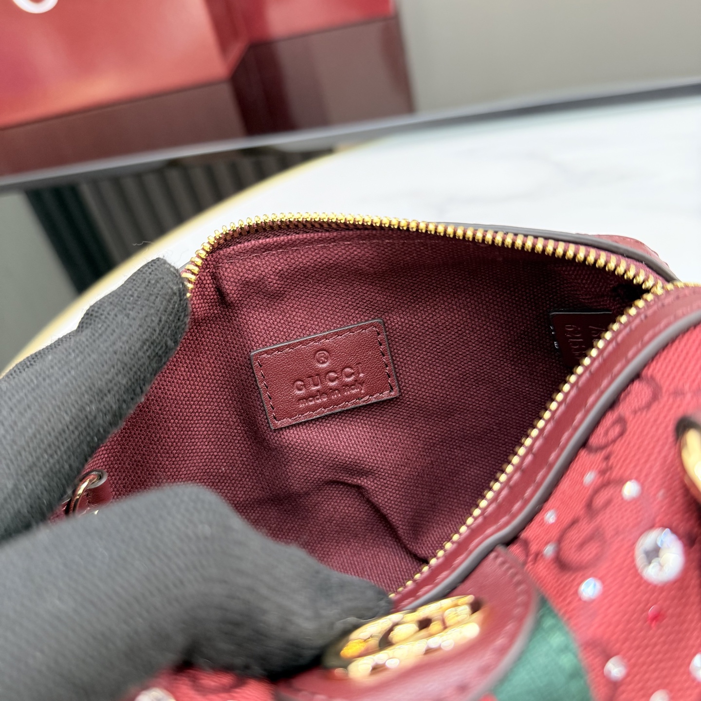 Gv*c* Ophidia Crystals Small Boston Bag In Rosso Ancora Red GG -16.5*10*9CM