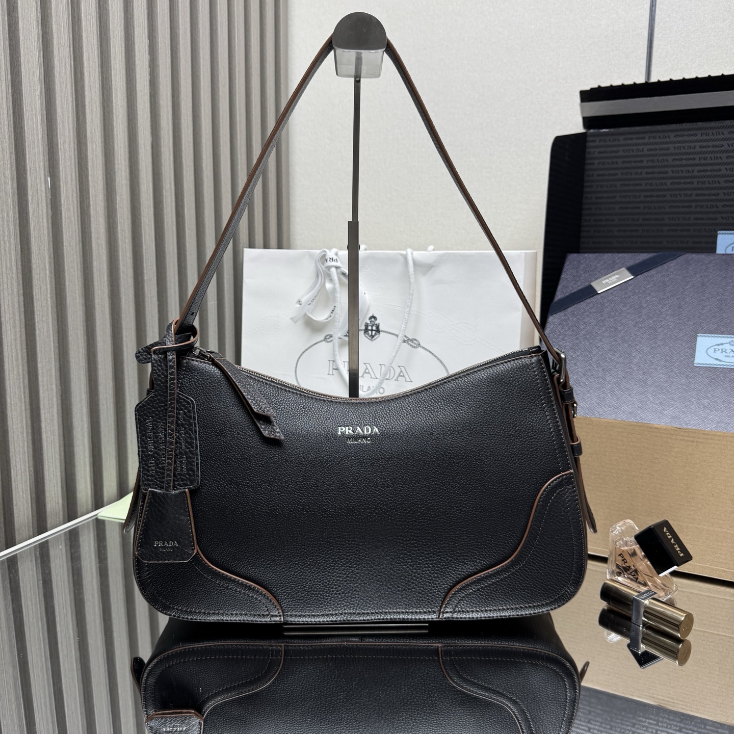 Pra*a Black Large Leather Aimèe Shoulder Bag-1BC280-36*20*11CM