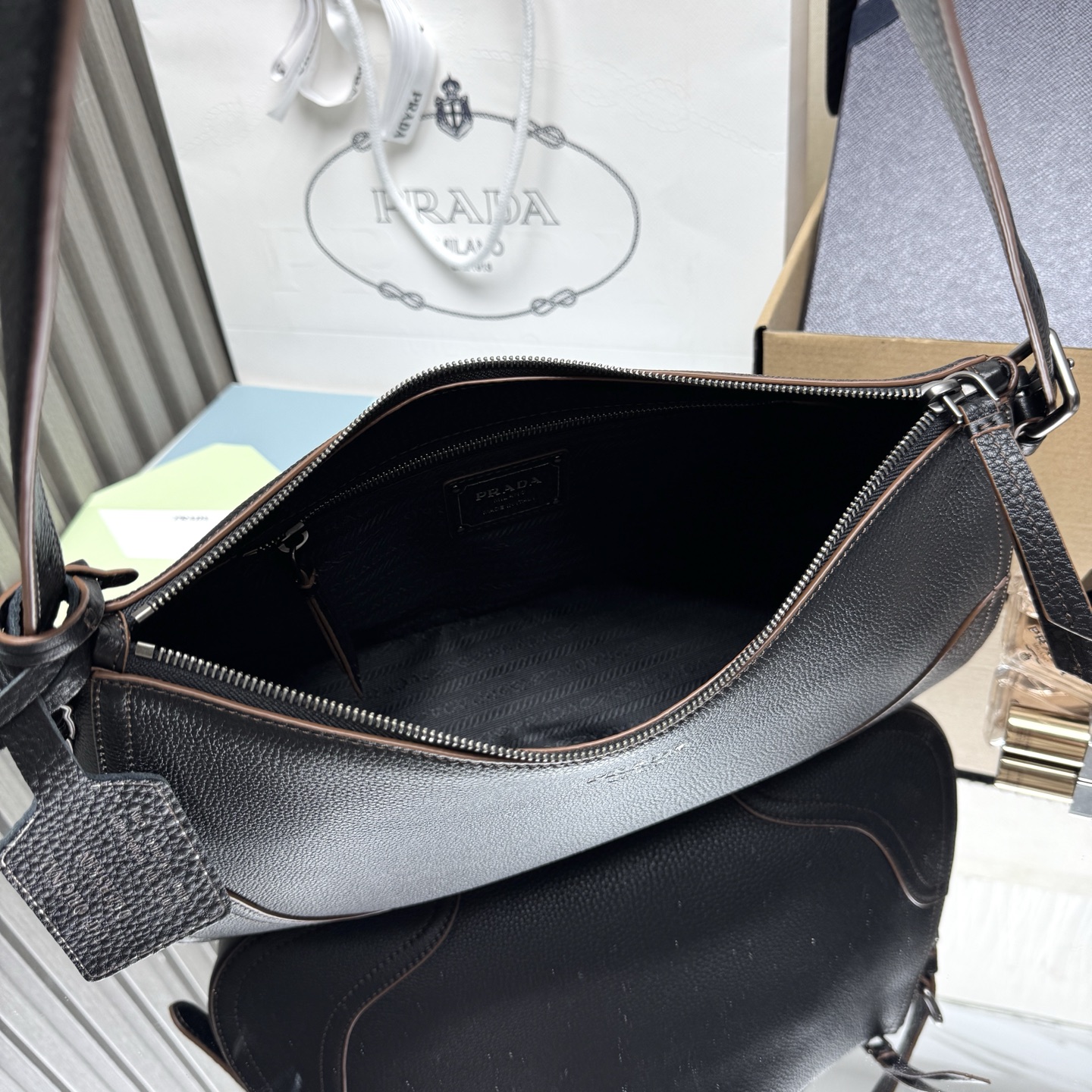 Pra*a Black Large Leather Aimèe Shoulder Bag-1BC280-36*20*11CM
