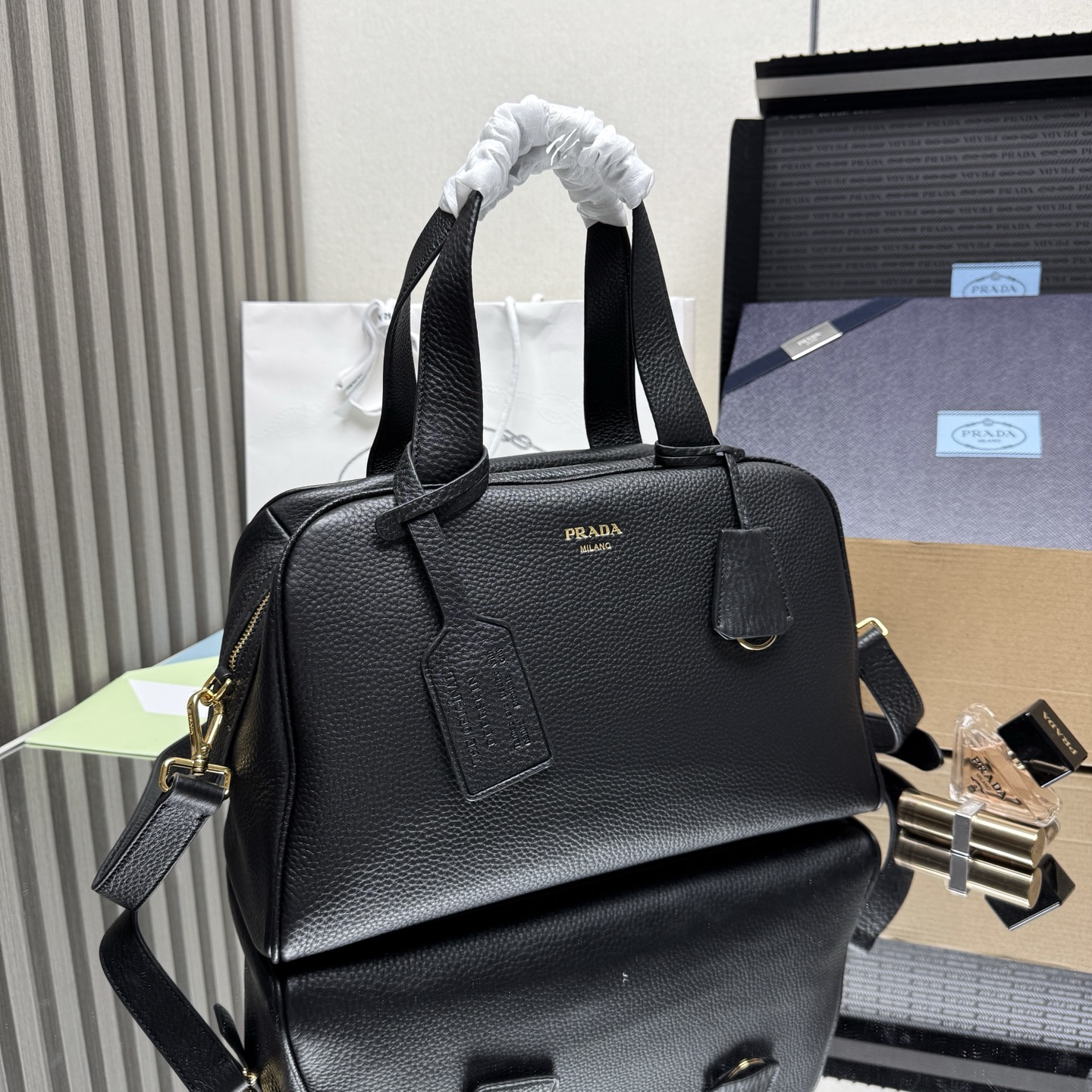 Pra*a Leather Handbag 1BB148-33*22*14CM