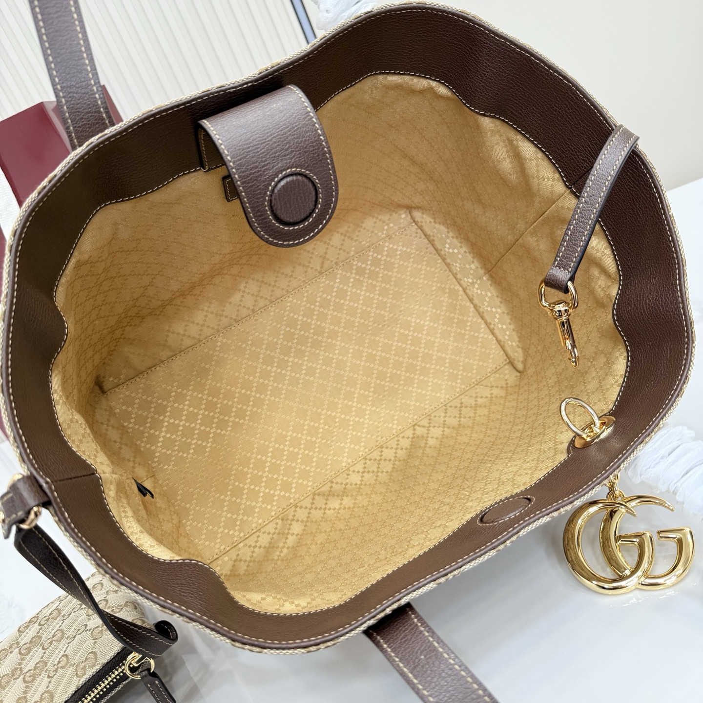 Gv*c* GG Marmont Large Tote Bag in Sand And Brown GG Canvas-30*23*18CM