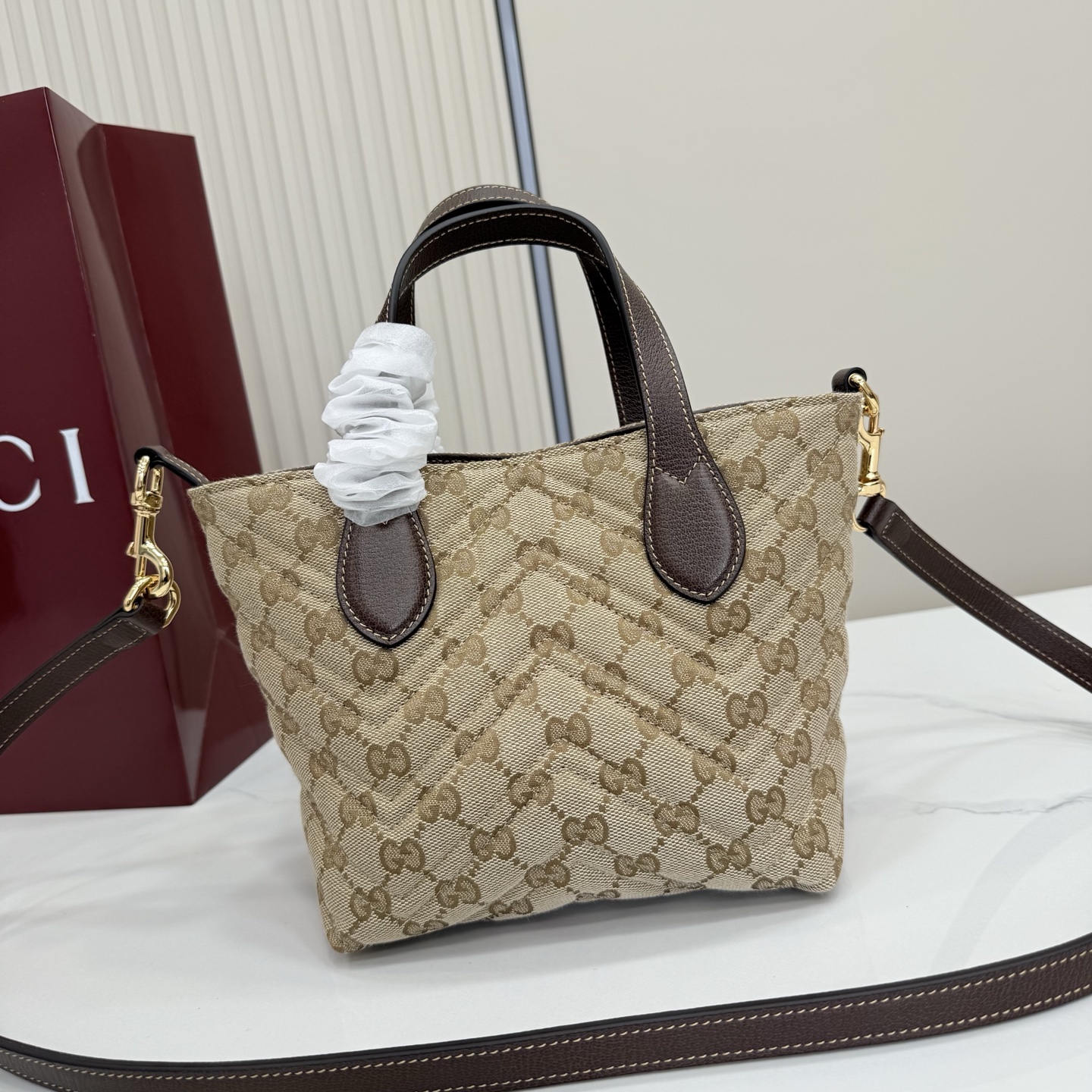 Gv*c* GG Marmont Small Tote Bag in Sand And Brown GG Canvas-17*5*17*12.5CM