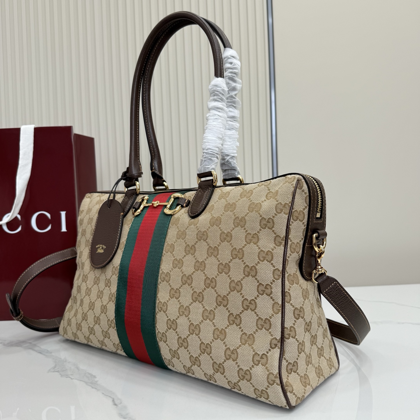 Gv*c* Borsetto Large Boston Bag In Sand And Brown GG canvas-38.5*22.5*13CM
