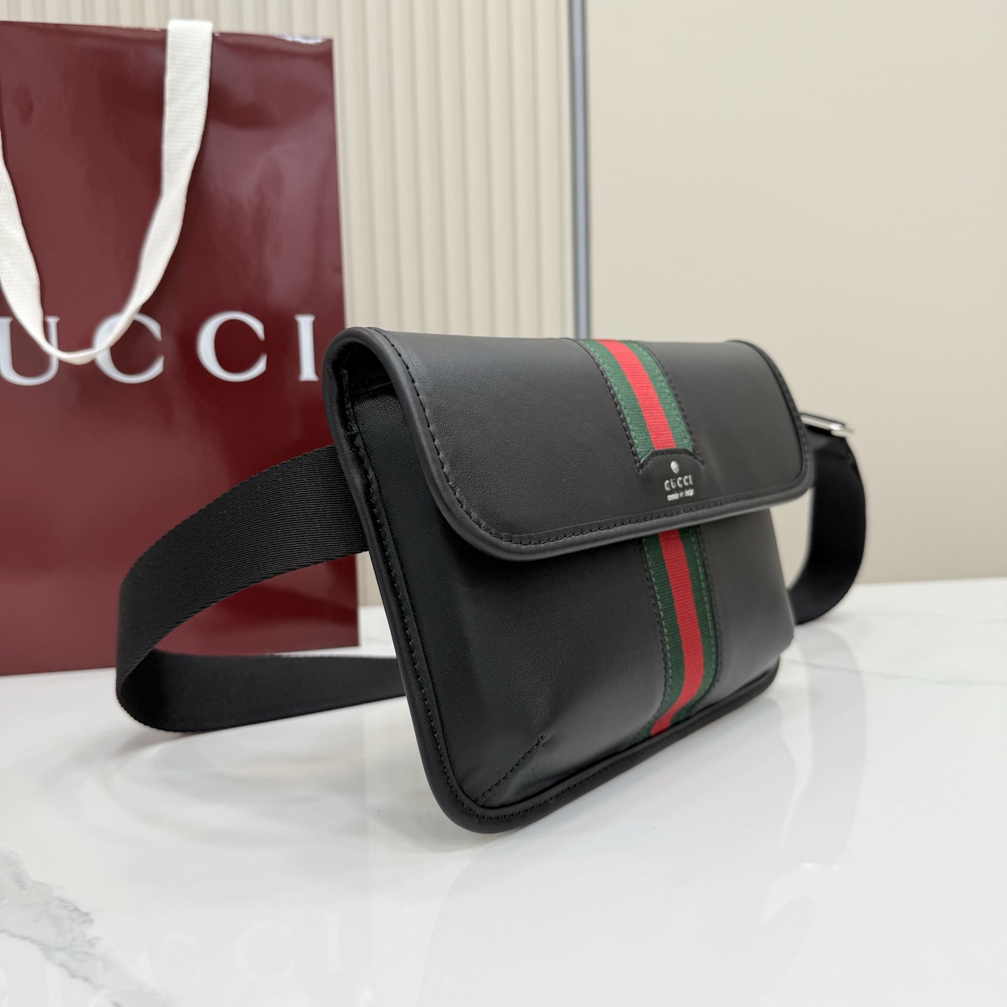 Gv*c* Web Trademark Small Belt Bag In Black Leather