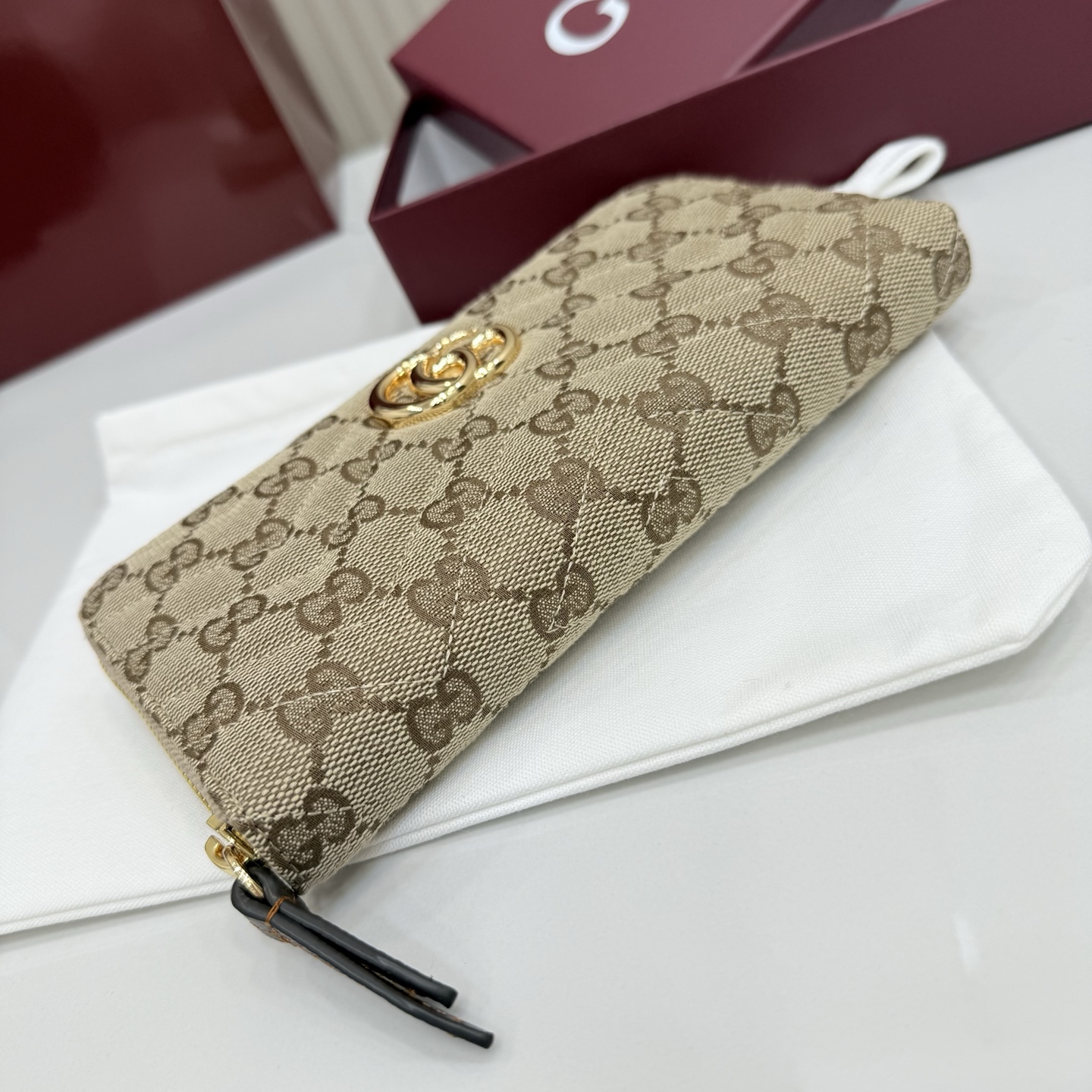 Gvc*1 GG Marmont Zip Around Wallet In Sand And Brown GG canvas-19*10.5*2CM