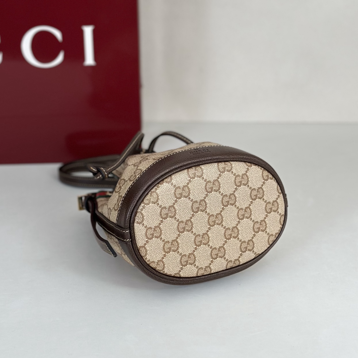 Guc*ci Venice Mini Bucket Bag In Sand And Brown GG Canvas-15.5*19.5*10.5CM