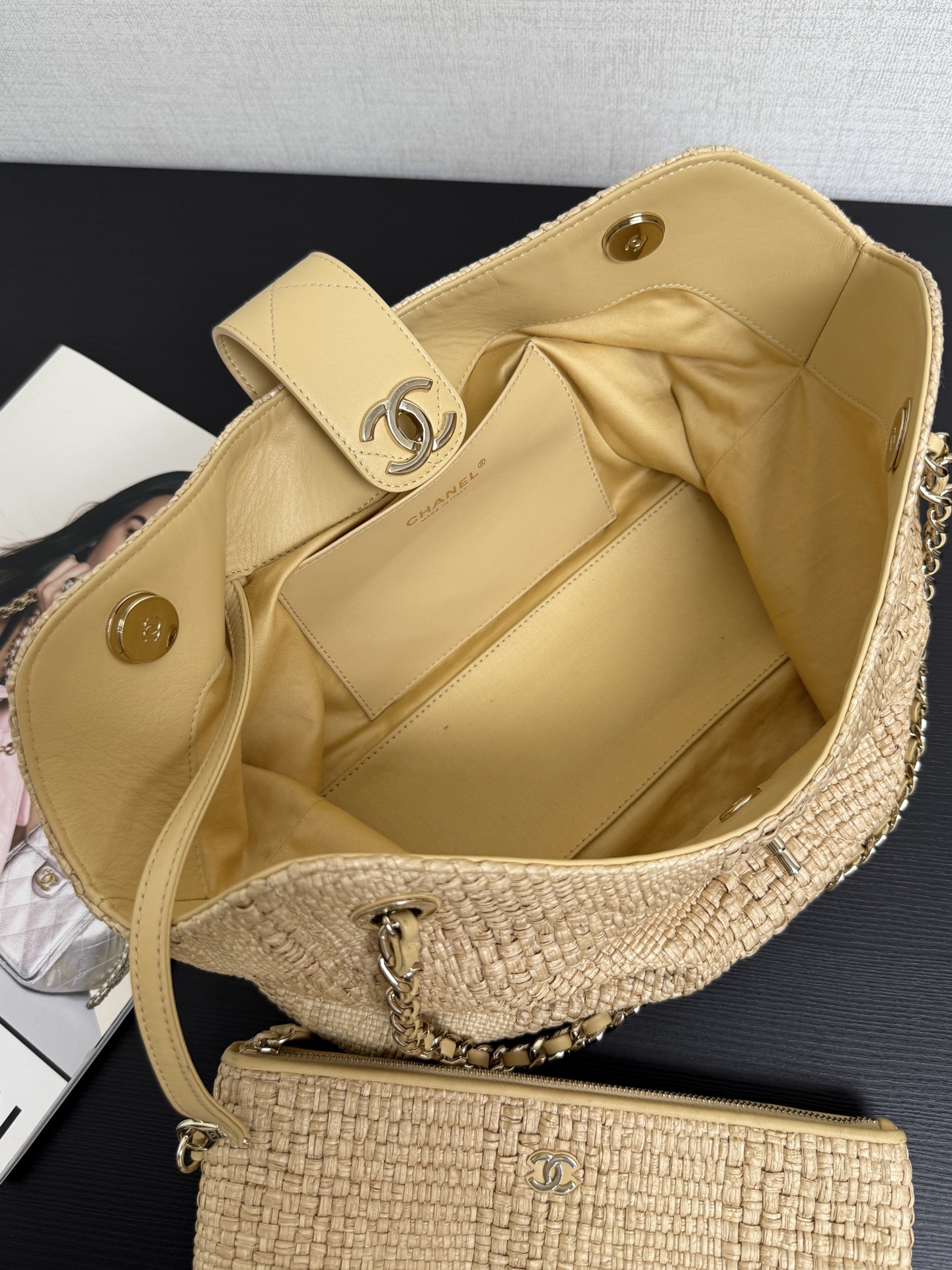 Ch@nel Shopping Bag, Braided Raffia & Gold-Tone Metal-26×40×12CM