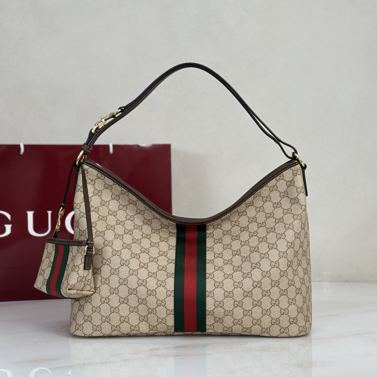 Gv*c*Large Shoulder Bag With Web In Sand And Brown GG canvas-39.5*29*15.5CM