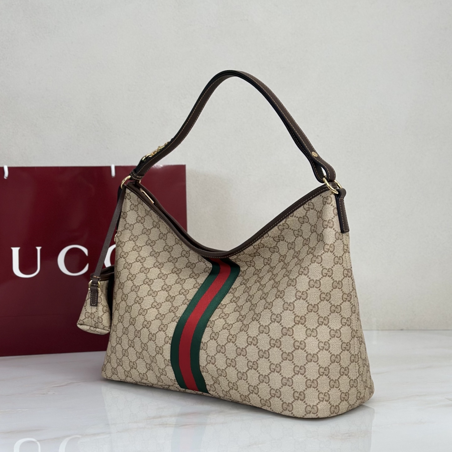 Gv*c*Large Shoulder Bag With Web In Sand And Brown GG canvas-39.5*29*15.5CM