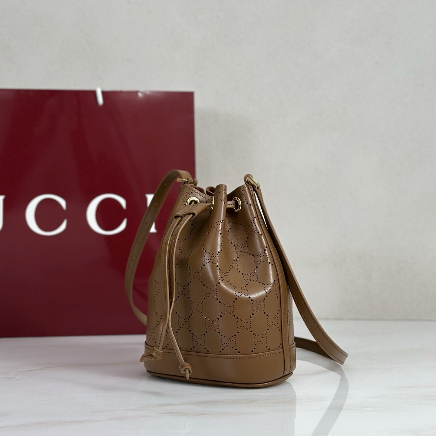 G*ucci Venice Small Bucket Bag In Brown GG Leather-15.5*19.5*10.5CM