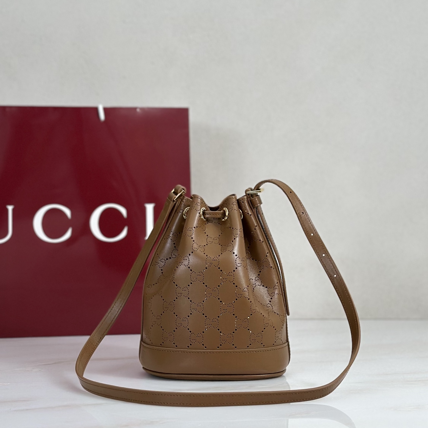 G*ucci Venice Small Bucket Bag In Brown GG Leather-15.5*19.5*10.5CM